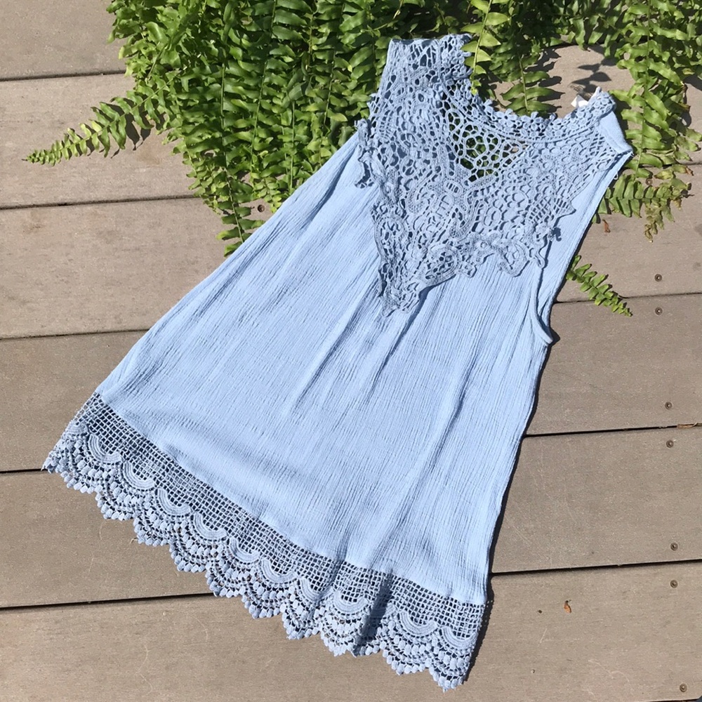 Light Blue Crocket Yoke Neck Top- free ship